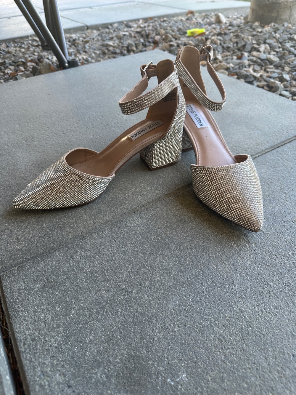 Steve Madden Silver Crystal Pointed Block Heel Ankle Strap Pumps